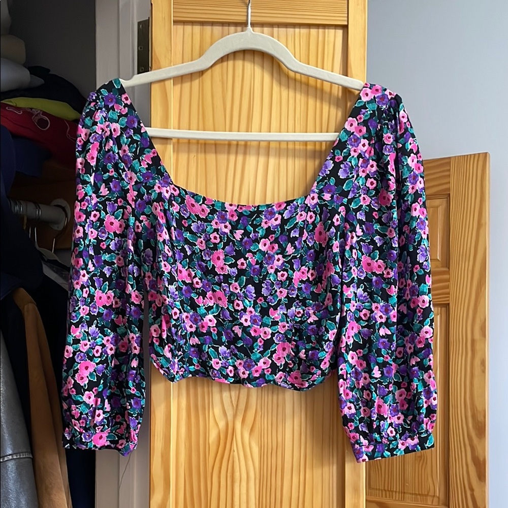 Zara Pink and Blue Puff Sleeve Crop Blouse